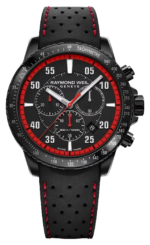 fitness watches for men with step goal tracker-Raymond Weil Tango Chronograph Black PVD Black/Red Dial Black Rubber Strap Date Divers Quartz Mens Watch 8570-BKR-05240