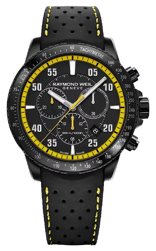 hybrid smartwatches for sports and everyday use-Raymond Weil Tango Chronograph Black PVD Black/Yellow Dial Black Rubber Strap Date Divers Quartz Mens Watch 8570-BKR-05275