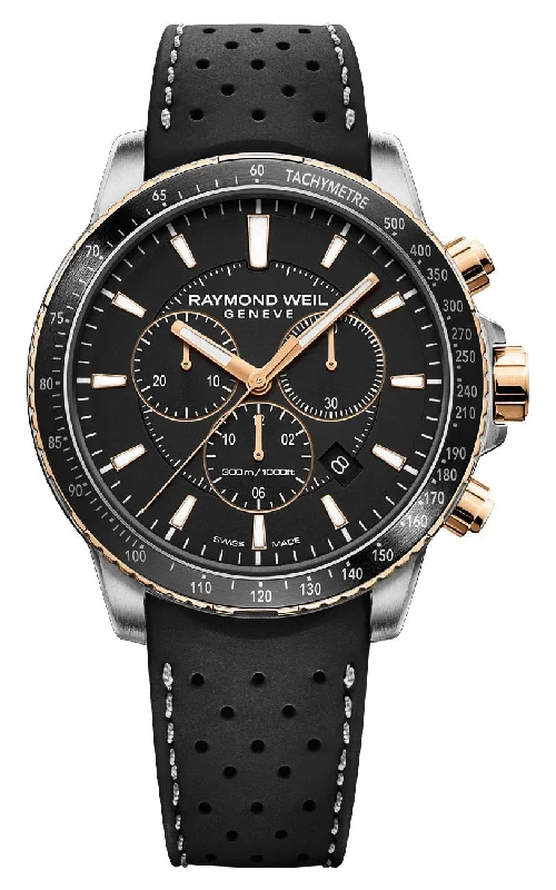 watches with interchangeable faces and straps for versatility-Raymond Weil Tango Chronograph Two-Tone Stainless Steel Black Dial Black Rubber Strap Date Divers Quartz Mens Watch 8570-R51-20001