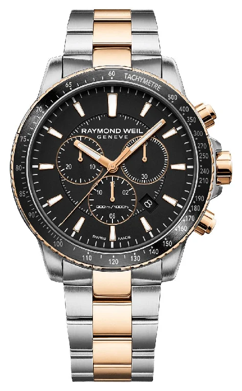 high-quality men’s watches with ceramic bezel-Raymond Weil Tango Chronograph Two-Tone Stainless Steel Black Dial Date Divers Quartz Mens Watch 8570-SP5-20001