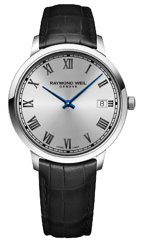 vintage watches for men with clean dial design-Raymond Weil Toccata Stainless Steel Silver Dial Black Leather Strap Date Quartz Mens Watch 5585-STC-00659