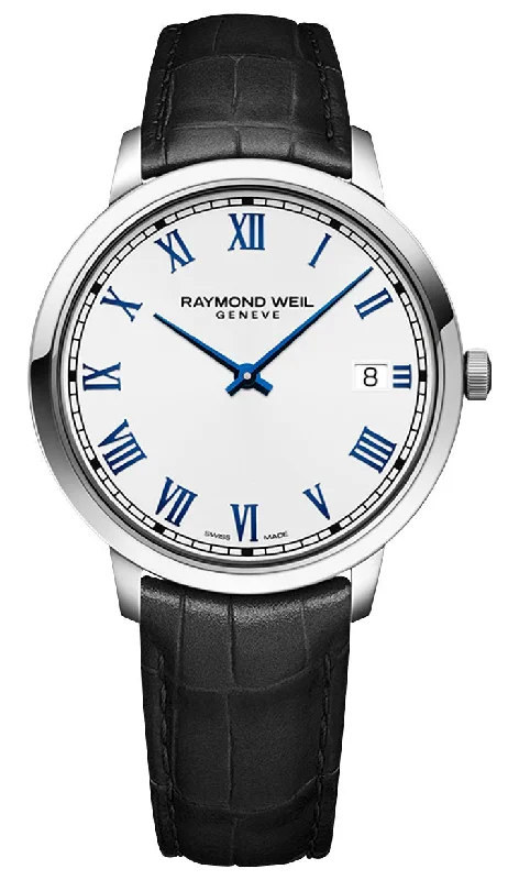 smartwatches with fitness tracking for weight loss goals-Raymond Weil Toccata Stainless Steel White Dial Black Leather Strap Date Quartz Mens Watch 5585-STC-00353