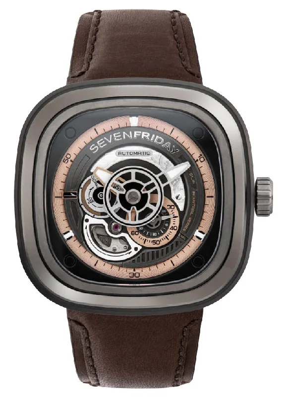 watches for men with silicone strap for comfort and durability-SEVENFRIDAY P-Series Automatic Gunmetal PVD Black Skeleton Dial Brown Leather Strap Mens Watch P2C/01