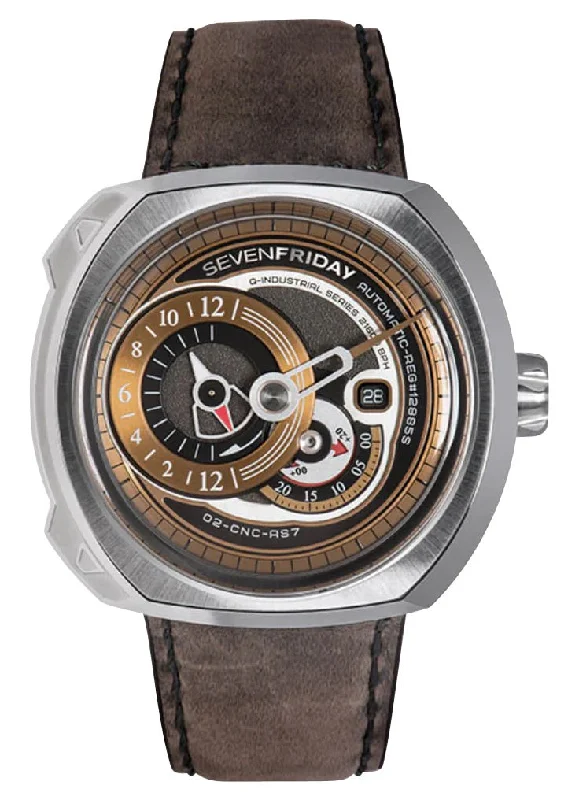 waterproof sport watches with sapphire crystal-SEVENFRIDAY Q-Series Automatic Stainless Steel Gold Dial Brown Leather Strap Date Mens Watch Q2/02