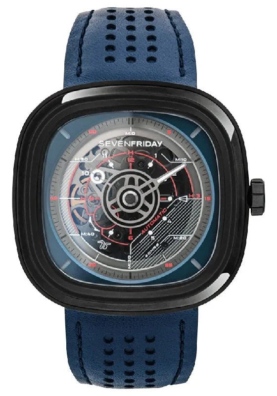 solar-powered watches for men with eco-friendly features-SEVENFRIDAY T-Series Automatic Black PVD Blue Skeleton Dial Blue Leather Strap Mens Watch T3/03