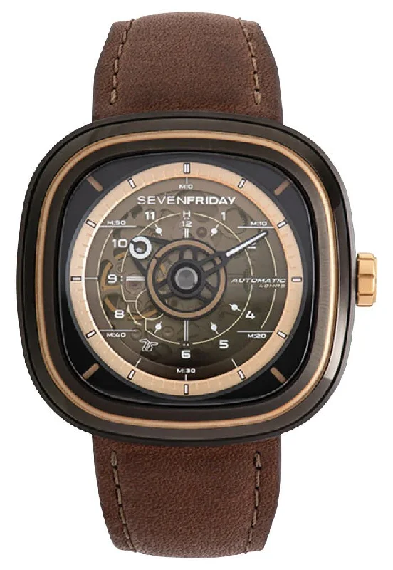 luxury men’s watches with signature craftsmanship-SEVENFRIDAY T-Series Automatic Gunmetal PVD Brown Skeleton Dial Brown Leather Strap Mens Watch T2/03