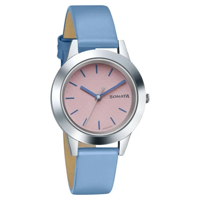 affordable luxury watches for men with premium features-Splash Pink Dial Sky Blue leather Strap