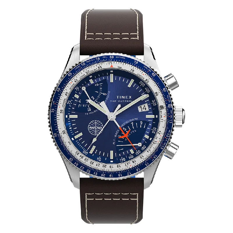 stylish sports watches with silicone straps for comfort-Timex Fly Back Chronograph x Pan Am  43mm Leather Band