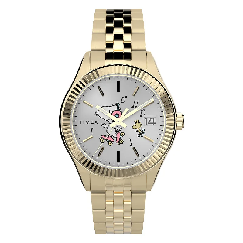 watches with multiple time zone display-Timex Legacy X Peanuts Date 34mm Stainless Steel Band