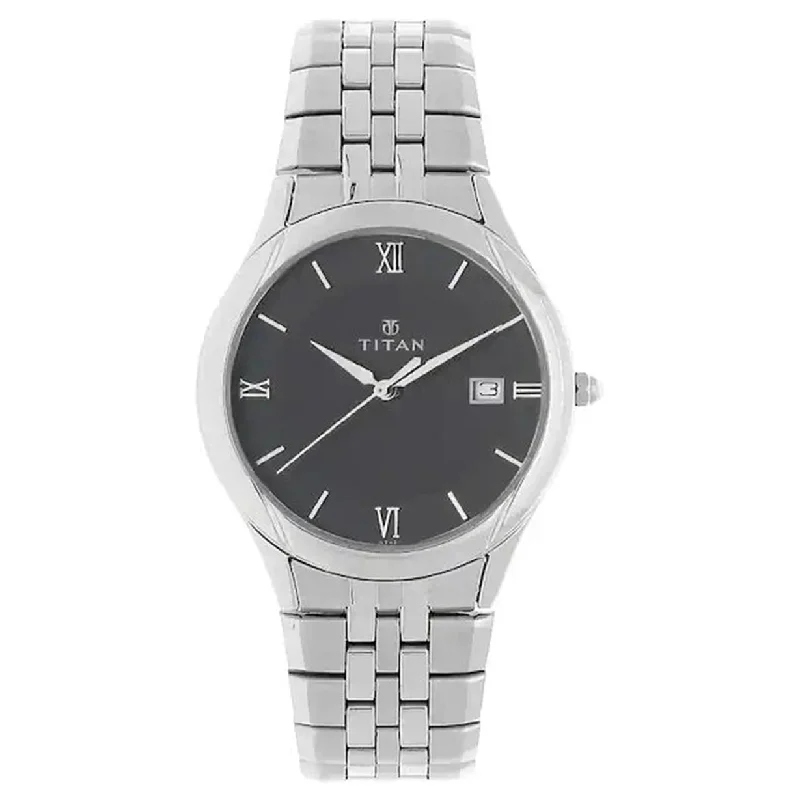 men’s classic wristwatches with leather strap-Titan Black Dial & Silver Stainless Steel Strap