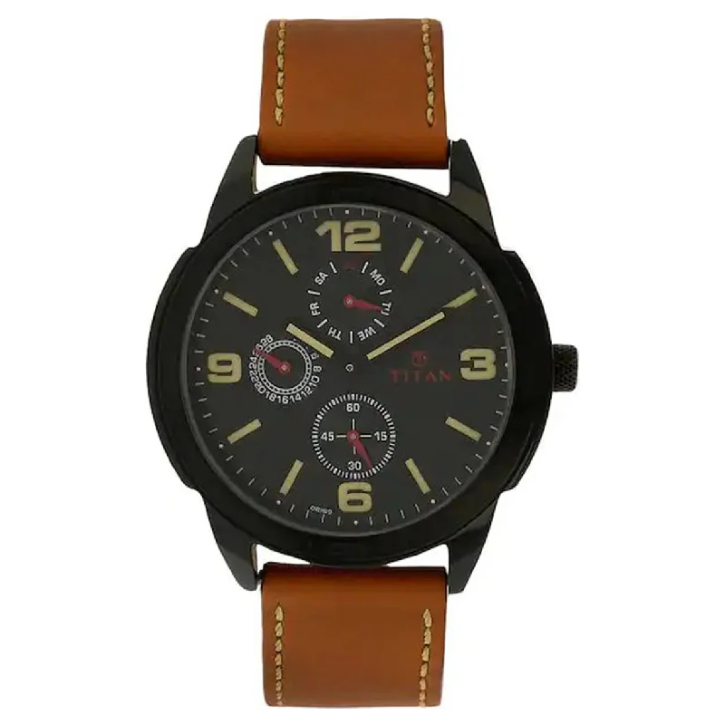 watches for women with elegant leather bands and small face-Titan Multifunction Black Dial & Brown Leather Strap