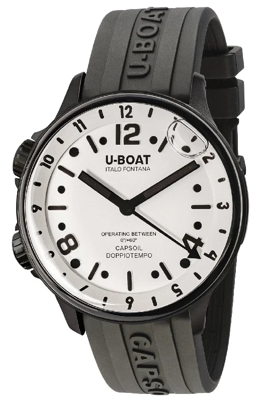 watches with moonphase complication for sophisticated design-U-Boat Capsoil Doppiotempo Black DLC Steel White Dial Black Rubber Strap Swiss Electro-mechanical Mens Watch 8889