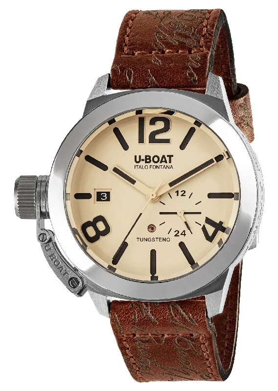 women’s watches with sleek design and modern appeal-U-Boat Classico Tungsteno Automatic Stainless Steel Beige Dial Brown Leather Strap Date Mens Watch 8892