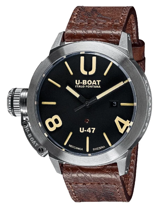 men’s classic wristwatches with leather strap-U-Boat Classico U-47 AS1 Automatic Stainless Steel Black Dial Brown Leather Strap Date Mens Watch 8105