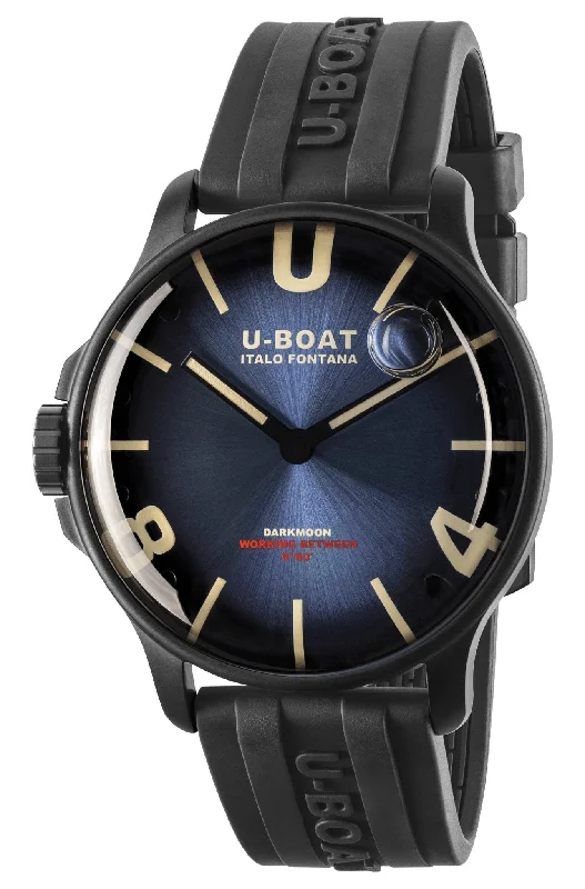 watches for men with rubber strap for comfort-U-Boat Darkmoon Black PVD Blue Dial Black Rubber Strap Quartz Mens Watch 8700