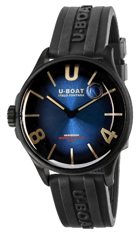 smartwatch with heart rate variability tracking for fitness-U-Boat Darkmoon Black PVD Blue Dial Black Rubber Strap Quartz Mens Watch 9020