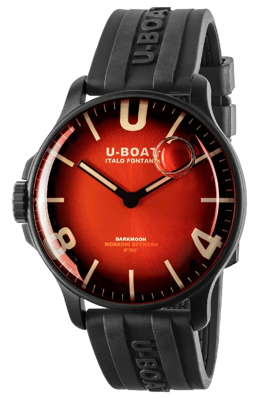 stylish watches for business professionals-U-Boat Darkmoon Black PVD Red Dial Black Rubber Strap Quartz Mens Watch 8697