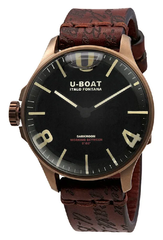 eco-friendly watches with sustainable materials-U-Boat Darkmoon Bronze Ion-Plated Steel Black Dial Brown Leather Strap Quartz Mens Watch 8467