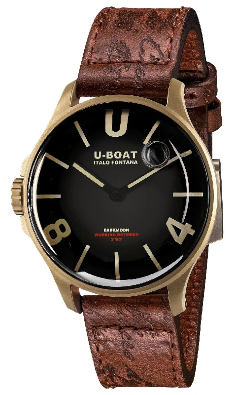 watches with precision timekeeping and automatic movement-U-Boat Darkmoon Bronze PVD Black Dial Brown Leather Strap Quartz Mens Watch 9304