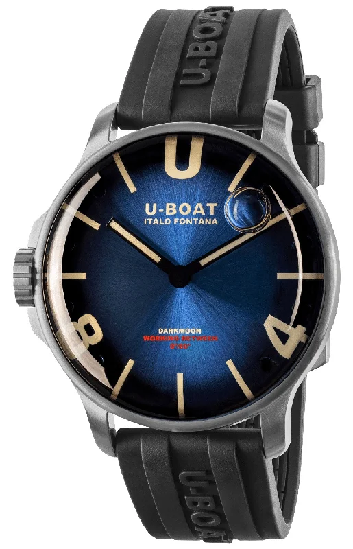 waterproof men’s watches with deep sea rating-U-Boat Darkmoon Stainless Steel Blue Dial Black Rubber Strap Quartz Mens Watch 8704