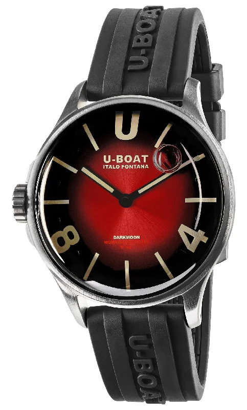 durable watches for construction workers with tough materials-U-Boat Darkmoon Stainless Steel Red Dial Black Rubber Strap Quartz Mens Watch 9500