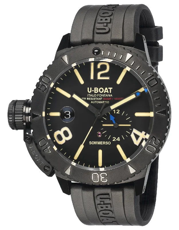 best luxury watches for men under 500-U-Boat Sommerso Automatic Black DLC Steel Black Dial Black Rubber Strap Date Divers Mens Watch 9015