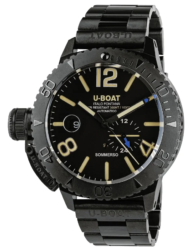 luxury watches for men with rare designs-U-Boat Sommerso Automatic Black DLC Steel Black Dial Date Divers Mens Watch 9015/MT