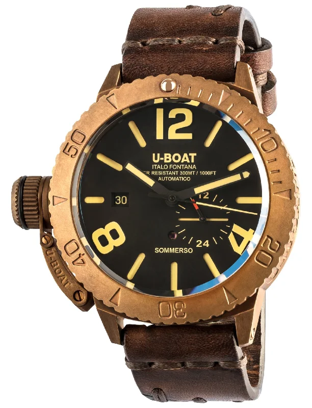 solar-powered watches with retro styling-U-Boat Sommerso Automatic Bronze Black Dial Brown Leather Strap Date Divers Mens Watch 8486