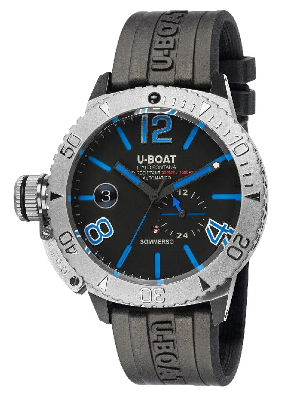 watches with built-in GPS for runners and hikers-U-Boat Sommerso Automatic Stainless Steel Black Dial Black Rubber Strap Date Divers Mens Watch 9014