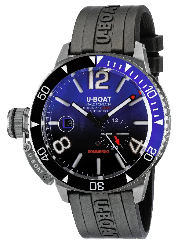 smartwatches with built-in step counter and fitness tracking-U-Boat Sommerso Automatic Stainless Steel Blue and Black Dial Black Rubber Strap Date Divers Mens Watch 9519