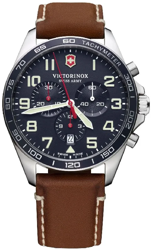 watches for extreme outdoor conditions with rugged features-Victorinox Swiss Army FieldForce Chronograph Stainless Steel Mens Watch Brown Leather Blue Dial Date 241854