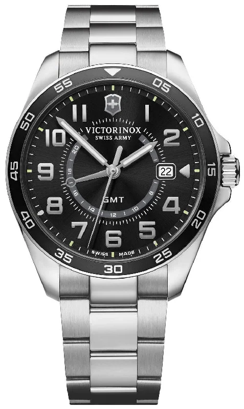 classic diving watches for men with superior water resistance-Victorinox Swiss Army FieldForce Classic GMT Stainless Steel Black Dial Date Mens Watch 241930