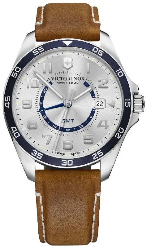 watches for women with crystal accents for elegance-Victorinox Swiss Army FieldForce Classic GMT Caramel Leather Silver Dial Date Mens Watch 241931