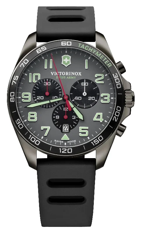 durable fitness watches for running and cycling-Victorinox Swiss Army FieldForce Sport Chronograph Black Stainless Steel Gray Dial Black Rubber Strap Date Quartz Mens Watch 241891