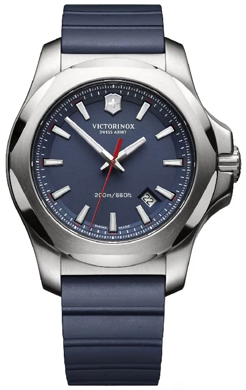 luxury wristwatches for men with signature design-Victorinox Swiss Army INOX Stainless Steel Mens Watch Calendar Blue Rubber Strap 241688.1