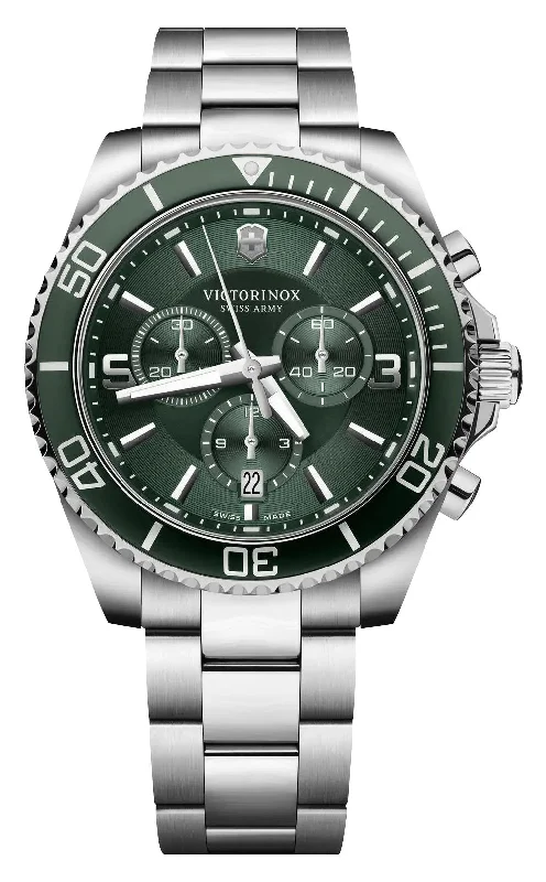 watches for men with oversized faces for bold style-Victorinox Swiss Army Maverick Chronograph Stainless Steel Green Dial Date Quartz Mens Watch 241946