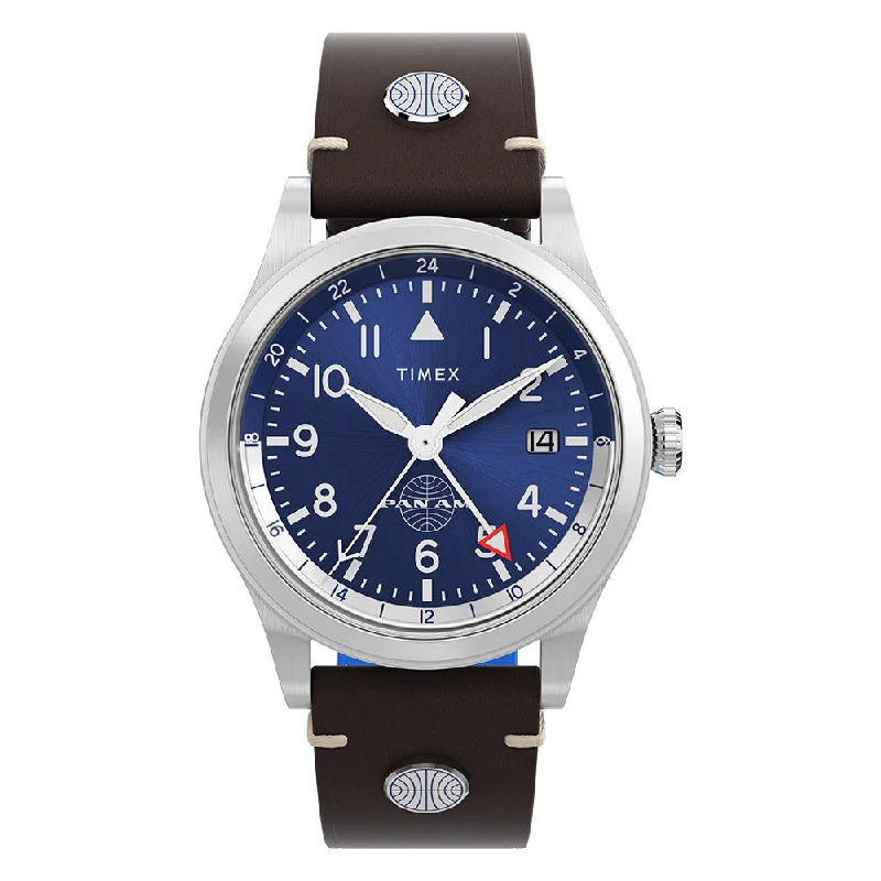 watches with built-in alarm function for daily reminders-Waterbury Gmt x Pan Am  39mm Leather Band